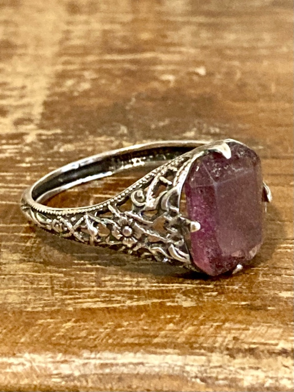 Sterling Silver Filigree Ring with Purple Stone - Size 7
